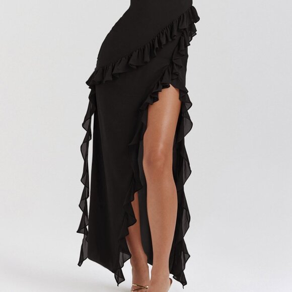 Split Ruffled Square Neck Maxi Dress | New Sleeveless Sheath Dress w/ Leg Slit - Picture 10 of 10